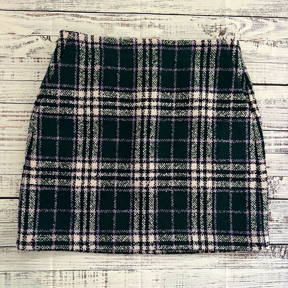 NWOT LOFT Green Purple Plaid Tweed Mini Skirt Wool Blend A-Line Preppy Sz 8